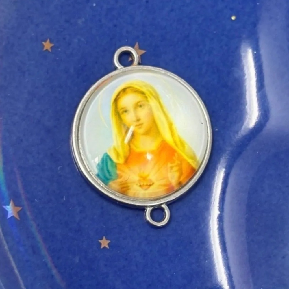 Vintage 1" Silver Tone Virgin Mary Sacred Heart Cabochon Pendant